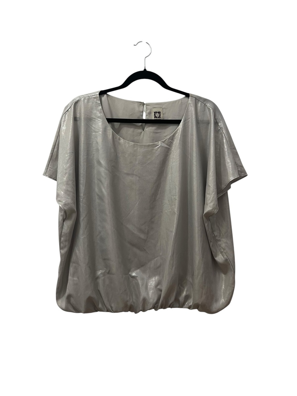 Anne Klein Shimmer Short-Sleeve Bubble Hem Top - Silver XL
